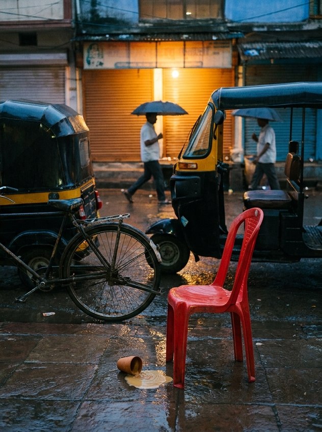 Concept artwork of a rain-washed Indian street, an empty red chair and a spilled cup of chai