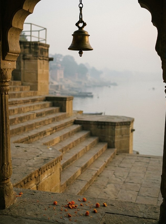 Concept artwork of an old bell above quiet riverside steps in the morning light
