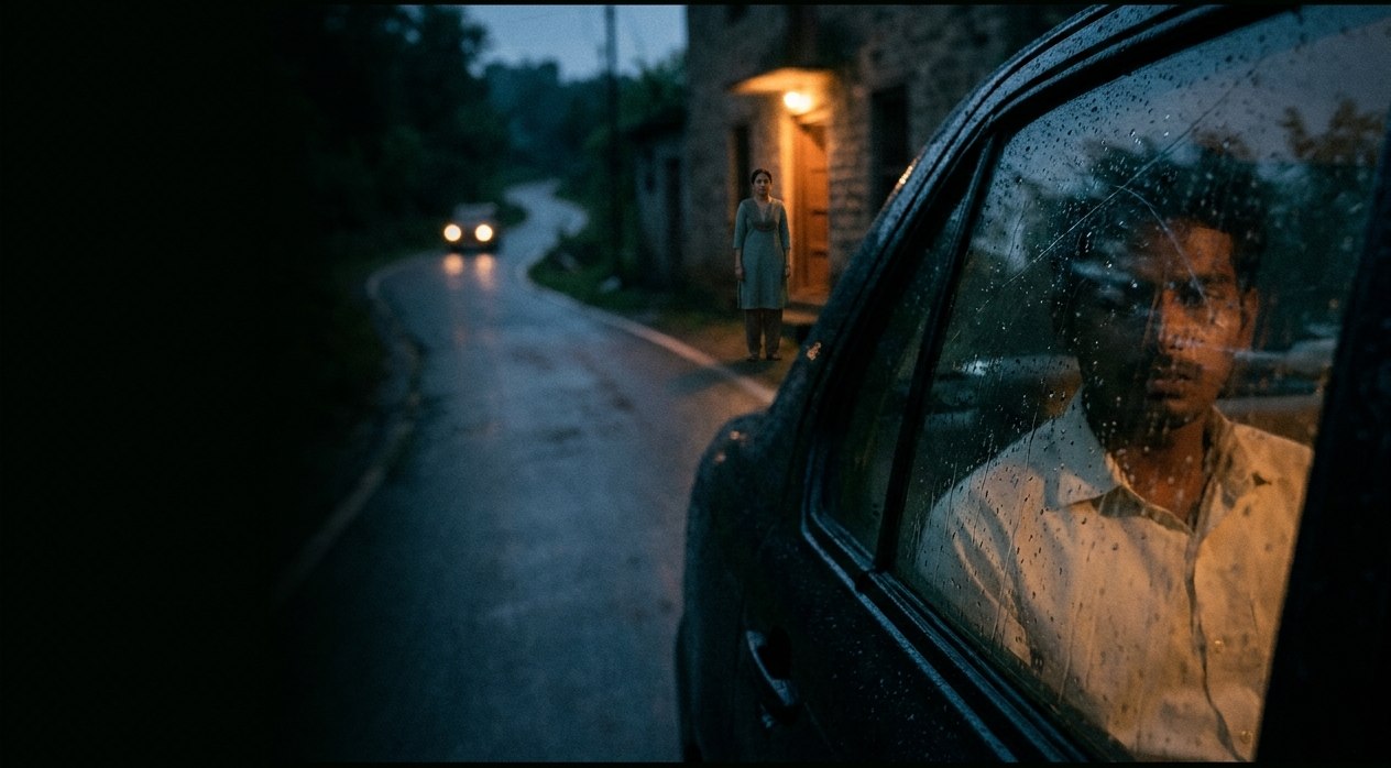 Concept artwork suggesting fractured memory: a rain-dappled reflection, a distant doorway and headlights on a quiet road